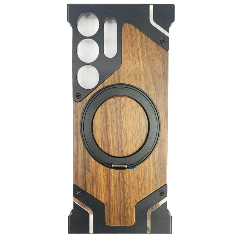 Armor King Bezel-less Armature MagSafe Pivot Ring Stand Metal + Walnut Wood Case Cover