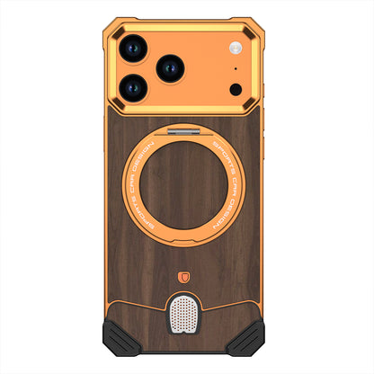 Armor King Hypercar MagSafe Pivot Ring Stand Elastic Buckle Metal+Walnut Texture Back Case Cover