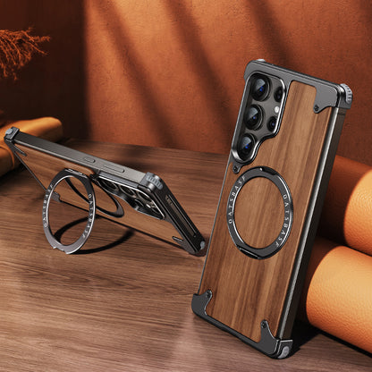 Oatsbasf MagSafe Pivot Ring Stand Air Cushion Metal + Walnut Wood Back Case Cover