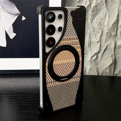 Armor King Stoat Bezel-less MagSafe Pivot Ring Stand Golden Silk Silver Brocade Metal Case Cover
