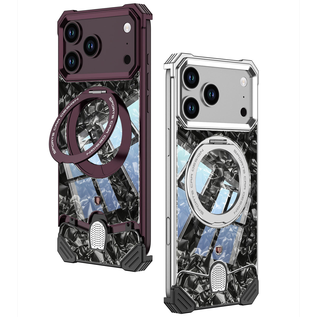 Armor King Hypercar MagSafe Pivot Ring Stand Elastic Buckle Metal+Marble Texture Back Case Cover
