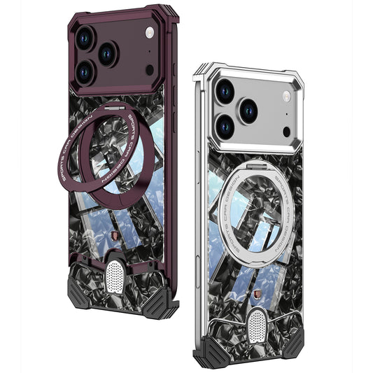 Armor King Hypercar MagSafe Pivot Ring Stand Elastic Buckle Metal+Marble Texture Back Case Cover