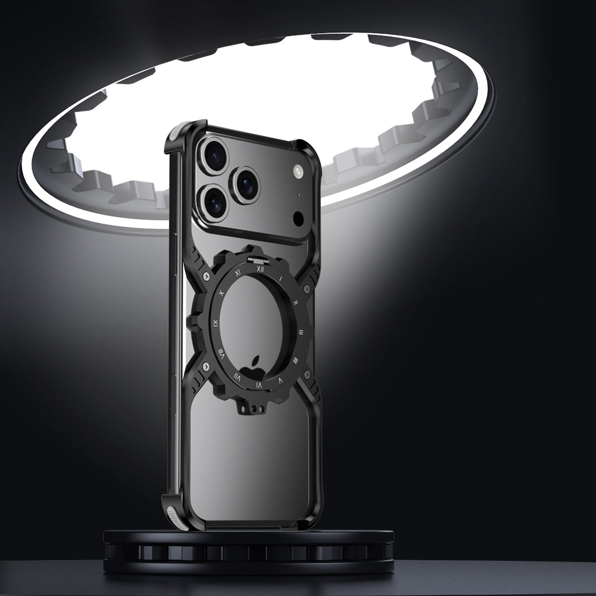 Armor King X Mechanical Gear MagSafe Pivot Ring Stand Air Cushion Luminous Metal Case Cover
