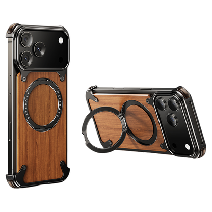 Oatsbasf MagSafe Pivot Ring Stand Air Cushion Metal + Walnut Wood Back Case Cover
