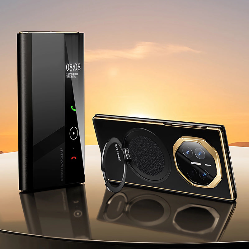 Oatsbasf Metal + Genuine Leather Smart Clear View Flip Cover MagSafe Bracket Case