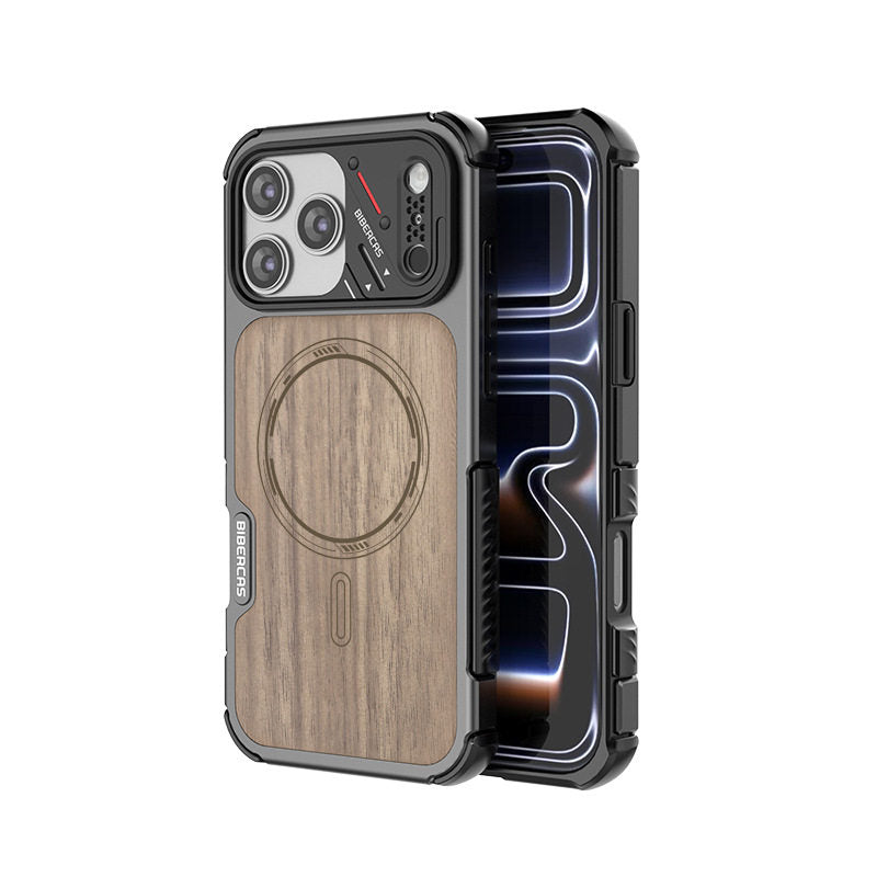 Armor King Urban Mecha MagSafe Shockproof TPU + Metal Frame + Carbon Fiber Backplate / Wooden Board Case Cover