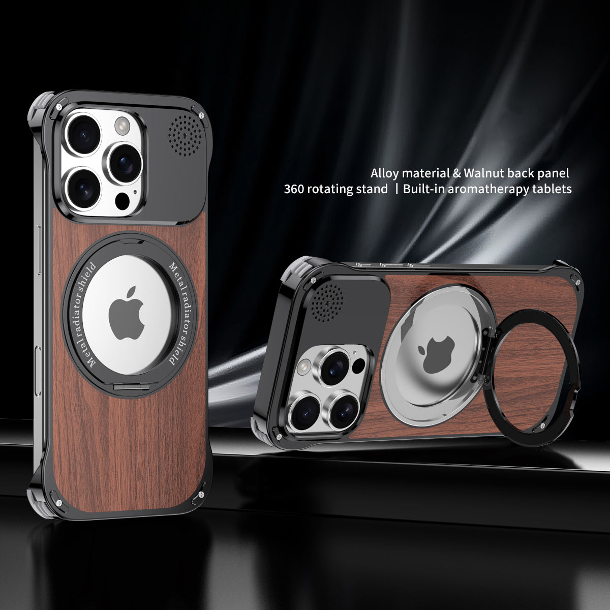 Armor King Aromatherapy MagSafe Pivot Ring Stand Walnut Wood + Metal Case Cover