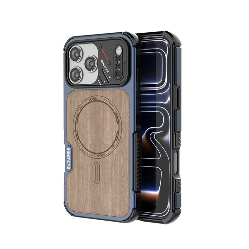 Armor King Urban Mecha MagSafe Shockproof TPU + Metal Frame + Carbon Fiber Backplate / Wooden Board Case Cover