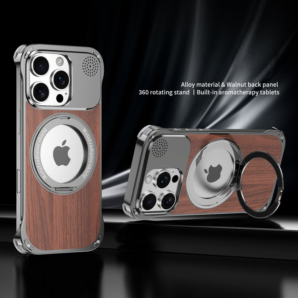 Armor King Aromatherapy MagSafe Pivot Ring Stand Walnut Wood + Metal Case Cover