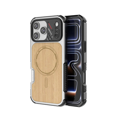 Armor King Urban Mecha MagSafe Shockproof TPU + Metal Frame + Carbon Fiber Backplate / Wooden Board Case Cover