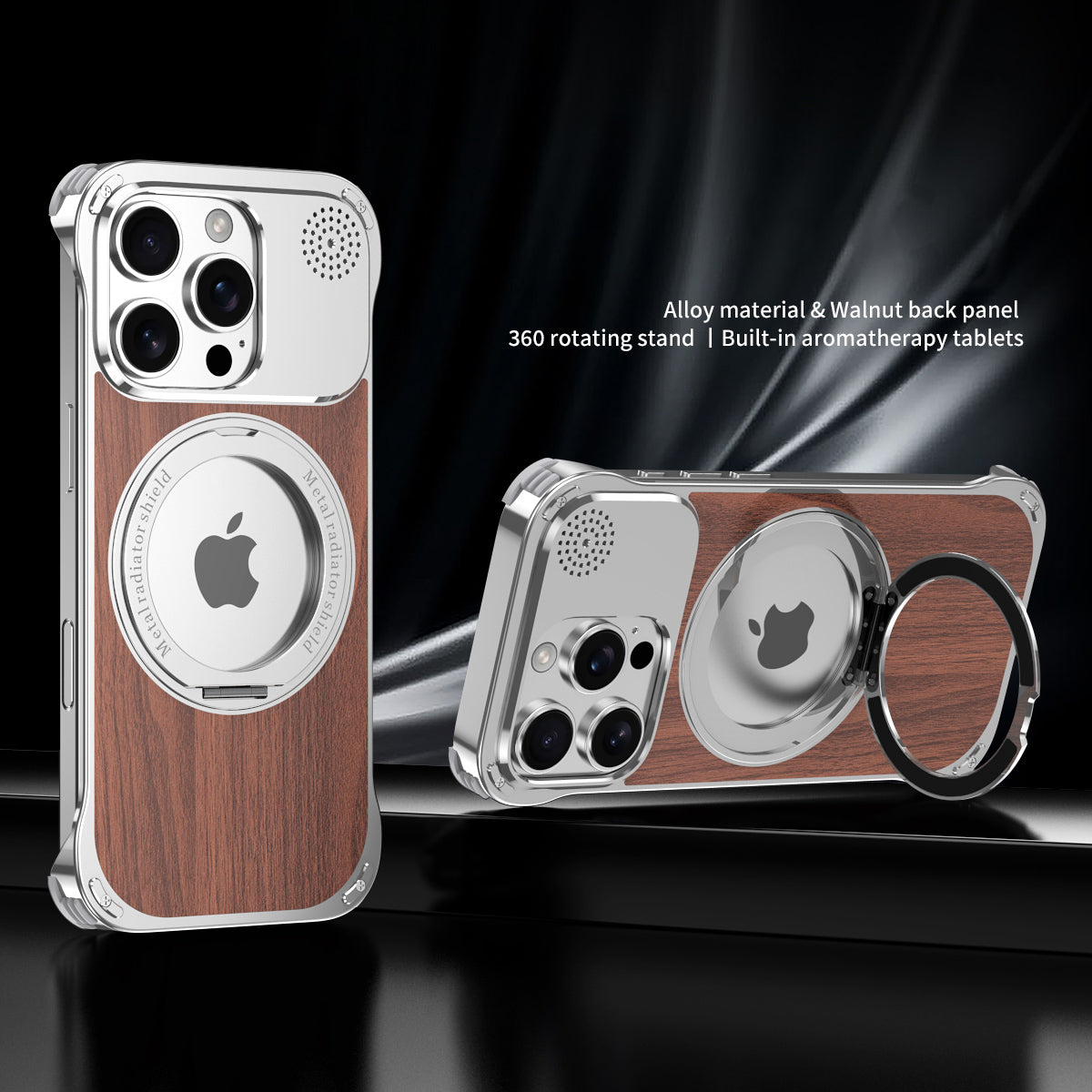 Armor King Aromatherapy MagSafe Pivot Ring Stand Walnut Wood + Metal Case Cover