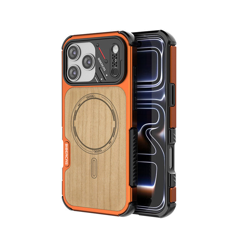 Armor King Urban Mecha MagSafe Shockproof TPU + Metal Frame + Carbon Fiber Backplate / Wooden Board Case Cover