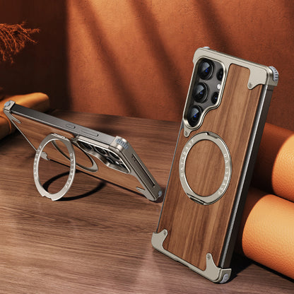 Oatsbasf MagSafe Pivot Ring Stand Air Cushion Metal + Walnut Wood Back Case Cover