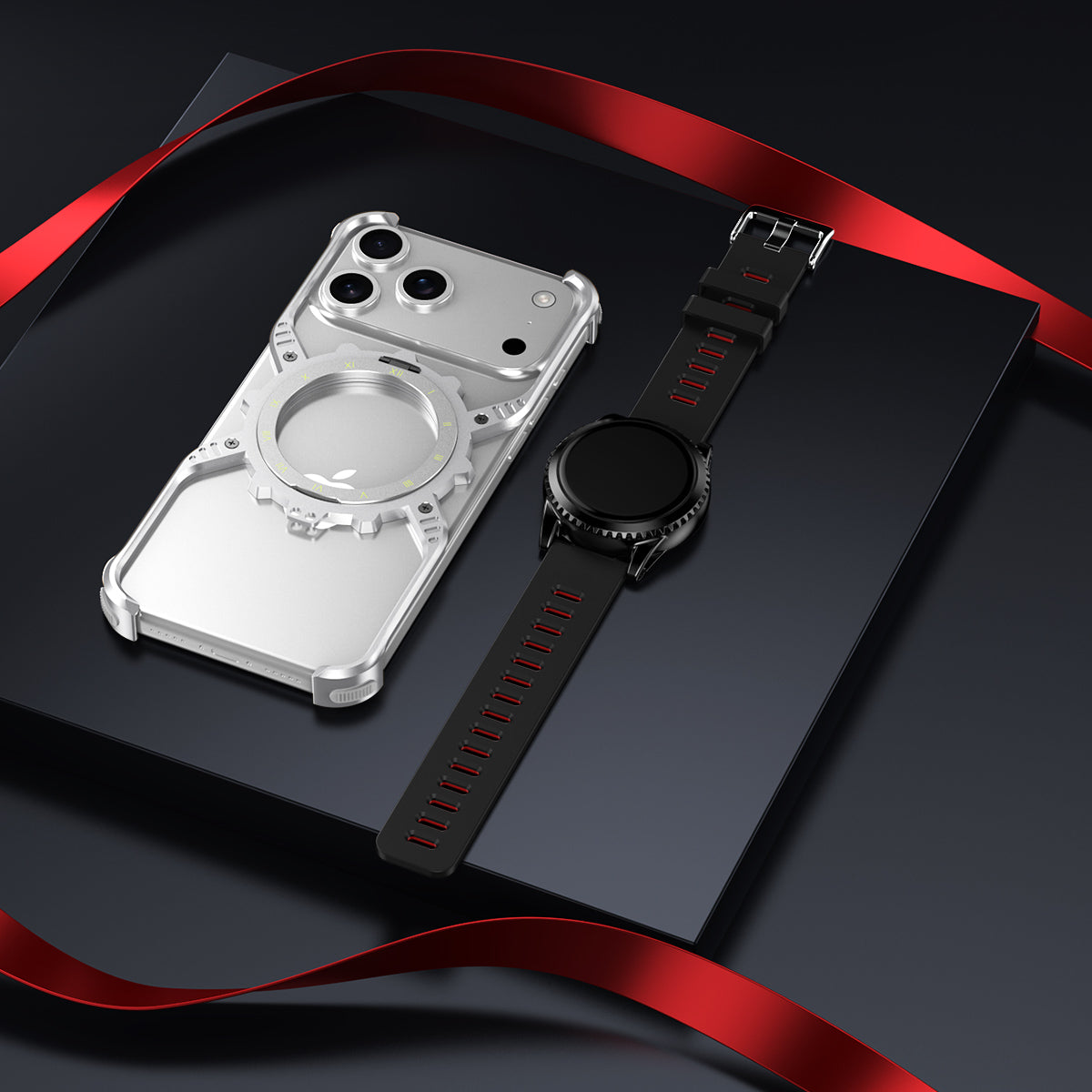 Armor King X Mechanical Gear MagSafe Pivot Ring Stand Air Cushion Luminous Metal Case Cover