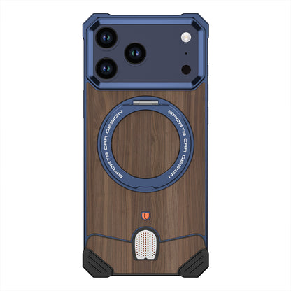Armor King Hypercar MagSafe Pivot Ring Stand Elastic Buckle Metal+Walnut Texture Back Case Cover
