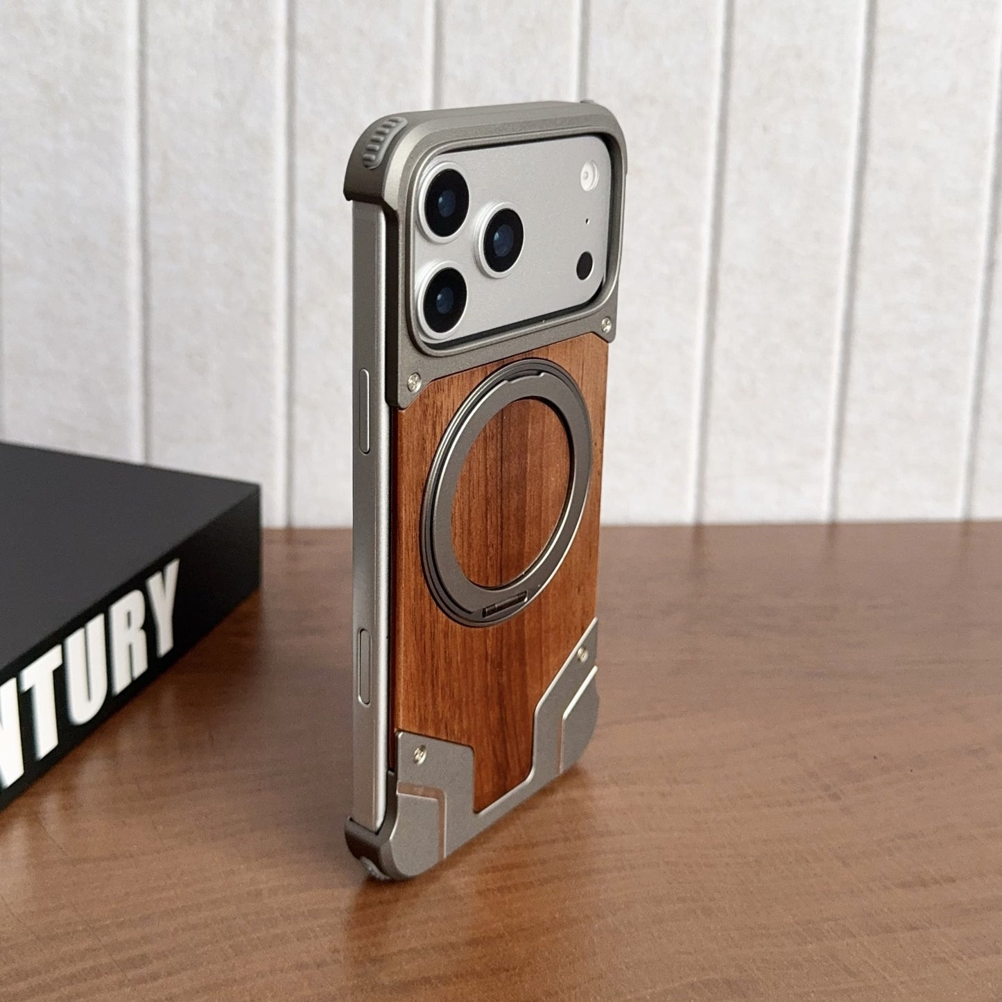 Armor King Bezel-less Armature MagSafe Pivot Ring Stand Metal + Walnut Wood Case Cover