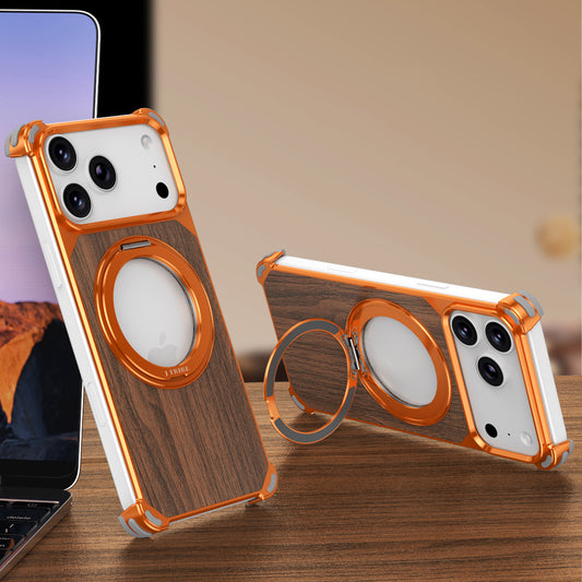 Armor King Yamu MagSafe Pivot Ring Stand Walnut Wood + Metal Case Cover