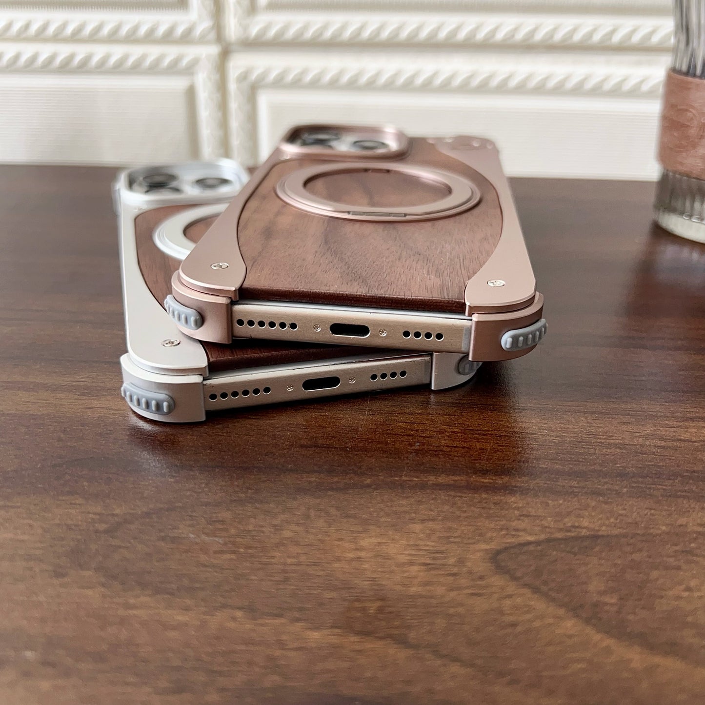 Armor King Stoat Bezel-less MagSafe Pivot Ring Stand Walnut Wood Metal Case Cover
