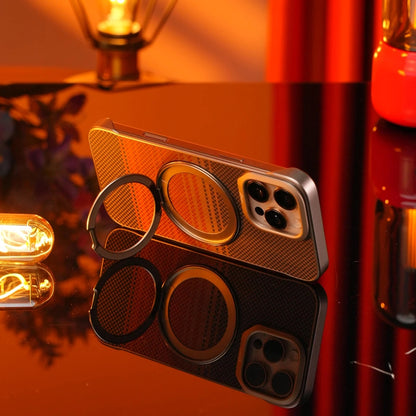 Armor King Bezel-less Aramid Fiber MagSafe Pivot Ring Stand PC Back Case Cover