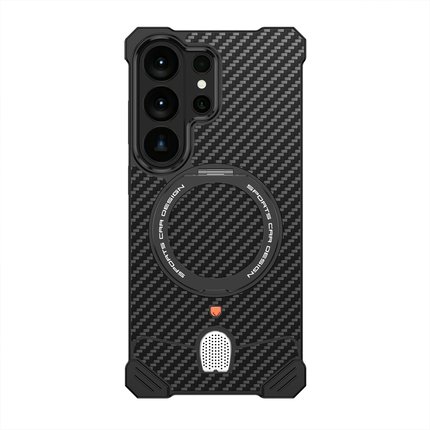 Armor King Hypercar MagSafe Pivot Ring Stand Elastic Buckle Metal+Carbon Fiber Texture Back Case Cover