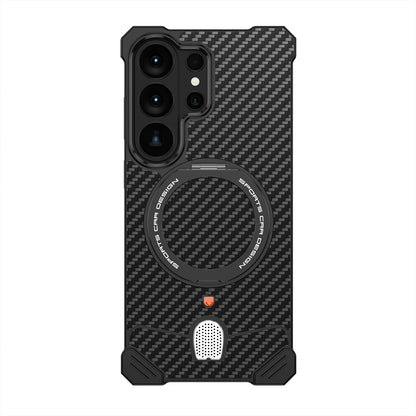 Armor King Hypercar MagSafe Pivot Ring Stand Elastic Buckle Metal+Carbon Fiber Texture Back Case Cover