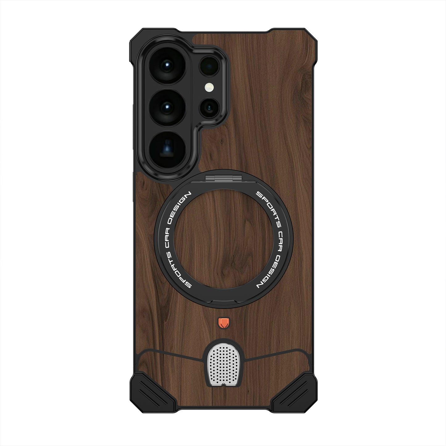 Armor King Hypercar MagSafe Pivot Ring Stand Elastic Buckle Metal+Walnut Texture Back Case Cover