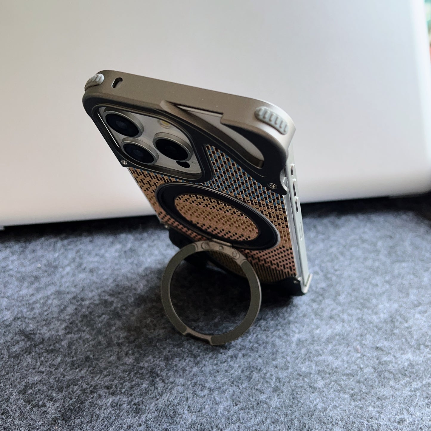 Armor King Dolphin Bezel-less MagSafe Pivot Ring Stand Golden Silk Silver Brocade Metal Case Cover