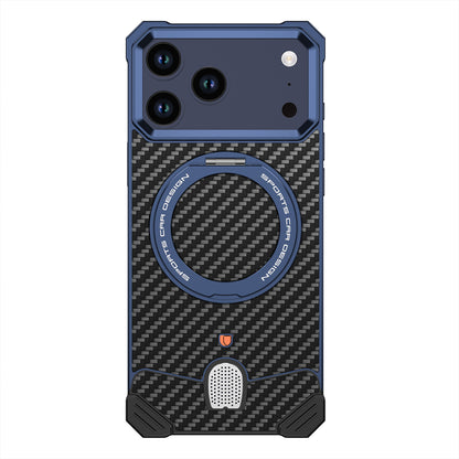 Armor King Hypercar MagSafe Pivot Ring Stand Elastic Buckle Metal+Carbon Fiber Texture Back Case Cover