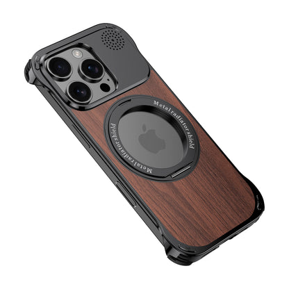 Armor King Aromatherapy MagSafe Pivot Ring Stand Walnut Wood + Metal Case Cover