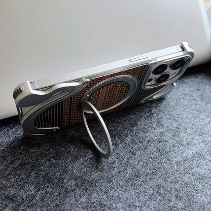 Armor King Dolphin Bezel-less MagSafe Pivot Ring Stand Golden Silk Silver Brocade Metal Case Cover