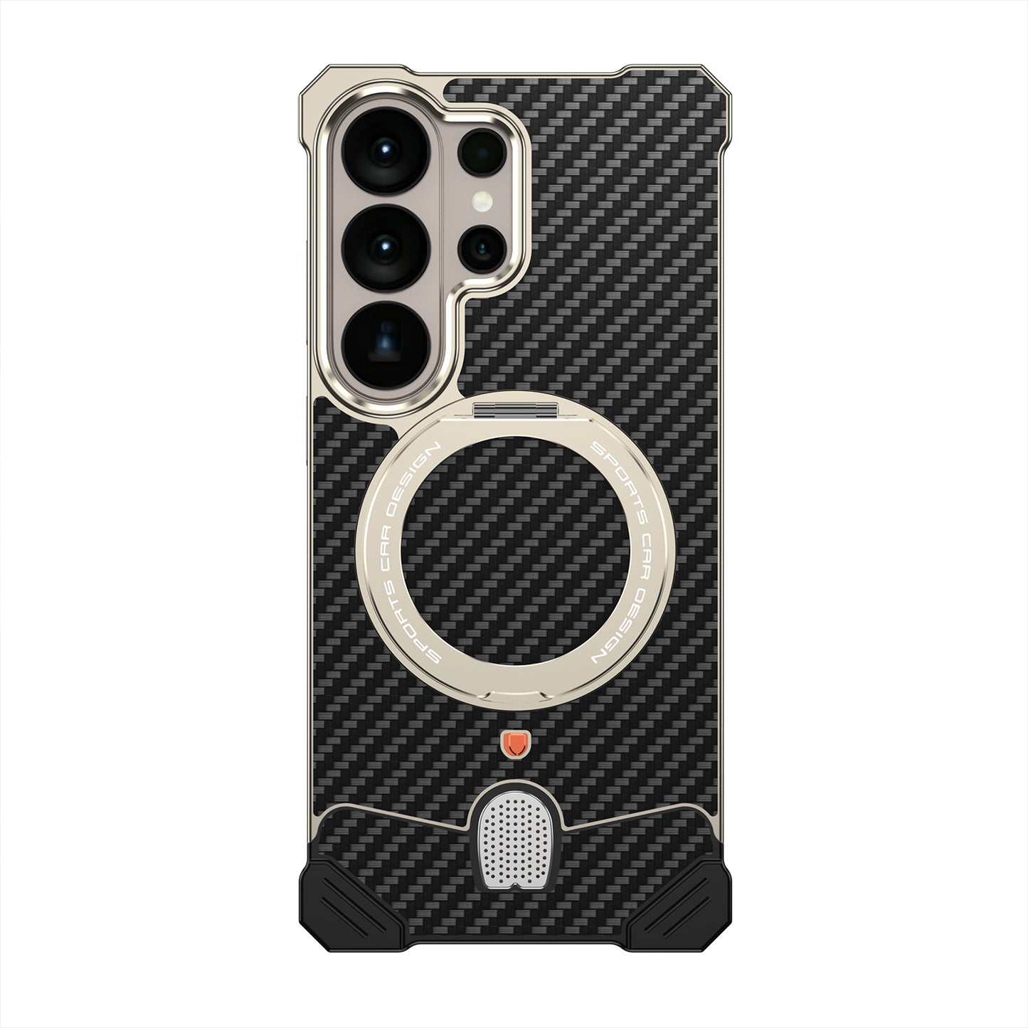 Armor King Hypercar MagSafe Pivot Ring Stand Elastic Buckle Metal+Carbon Fiber Texture Back Case Cover