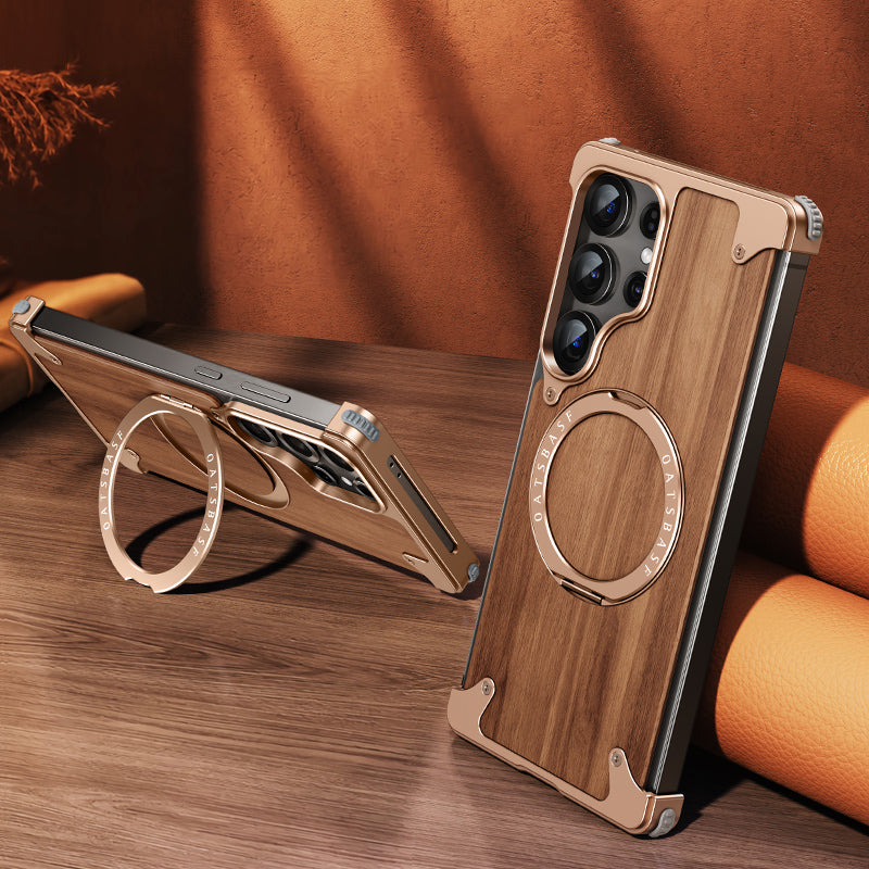 Oatsbasf MagSafe Pivot Ring Stand Air Cushion Metal + Walnut Wood Back Case Cover