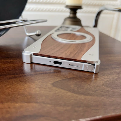 Armor King Stoat Bezel-less MagSafe Pivot Ring Stand Walnut Wood Metal Case Cover