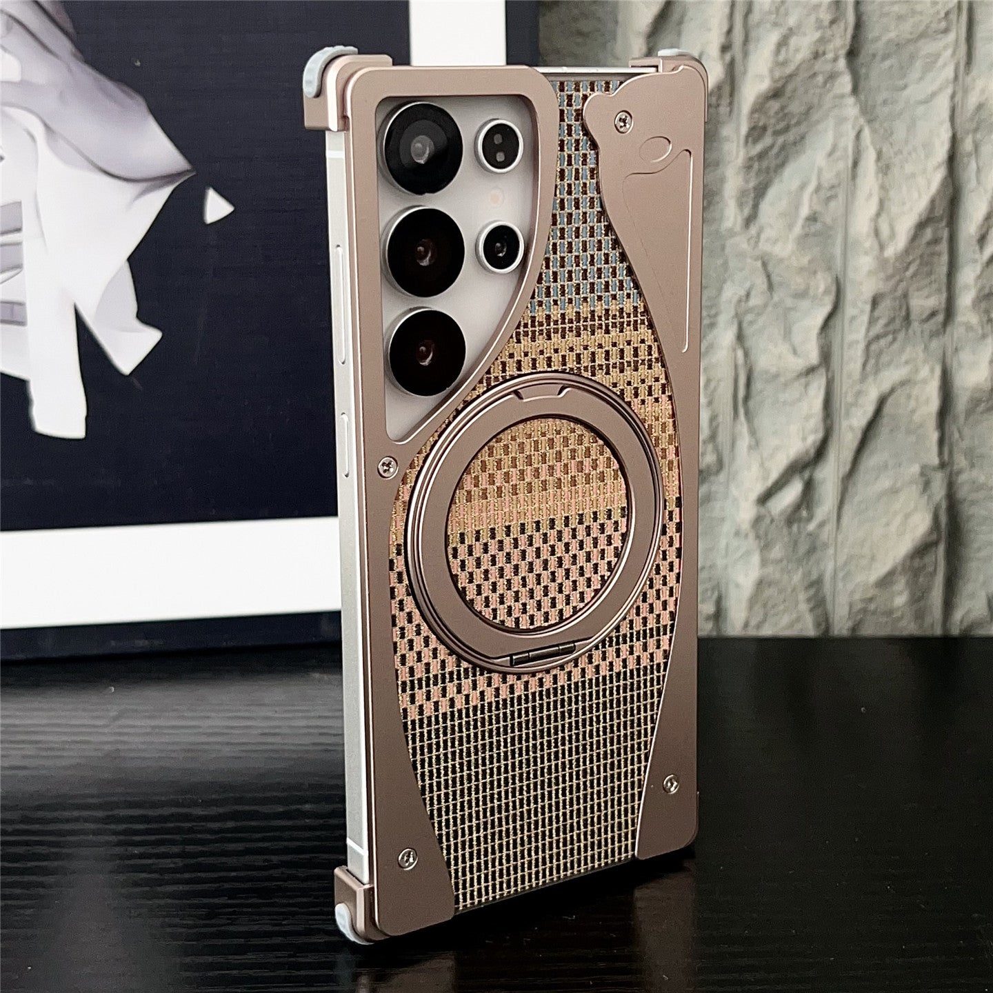 Armor King Stoat Bezel-less MagSafe Pivot Ring Stand Golden Silk Silver Brocade Metal Case Cover