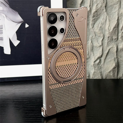 Armor King Stoat Bezel-less MagSafe Pivot Ring Stand Golden Silk Silver Brocade Metal Case Cover