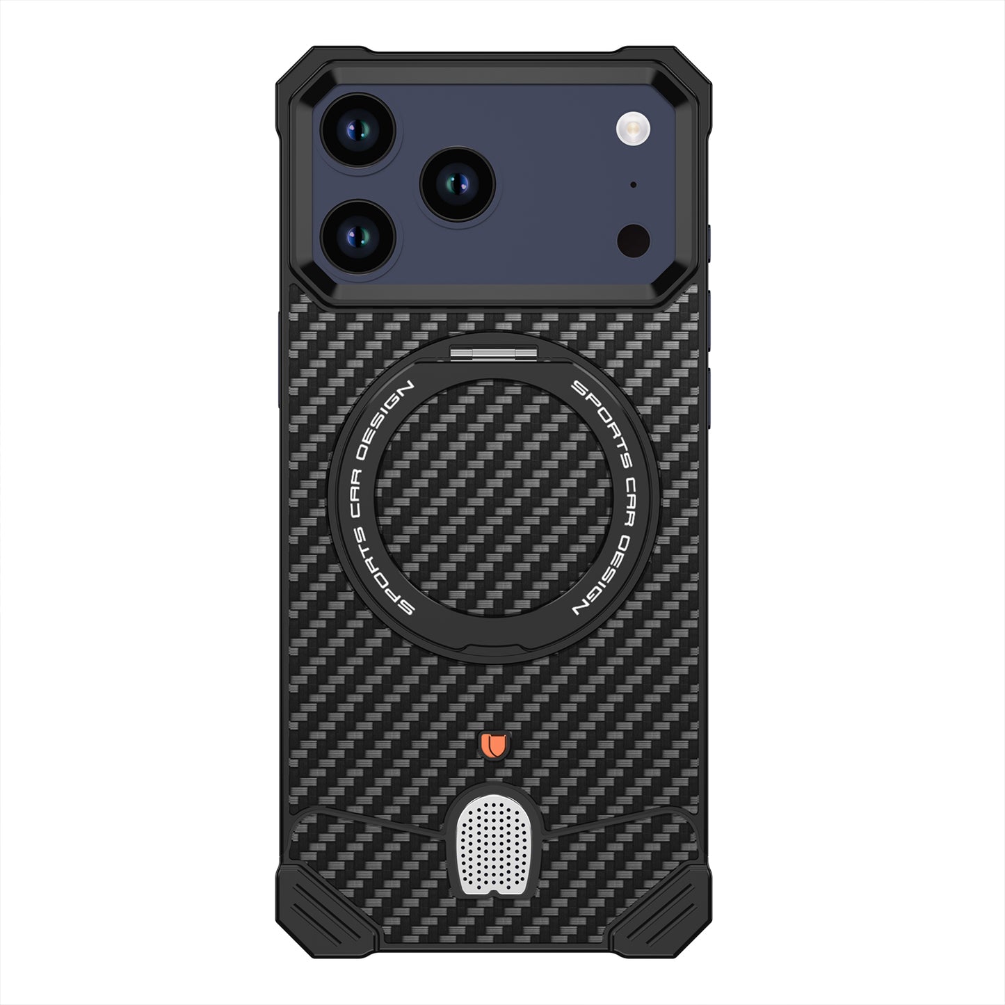 Armor King Hypercar MagSafe Pivot Ring Stand Elastic Buckle Metal+Carbon Fiber Texture Back Case Cover