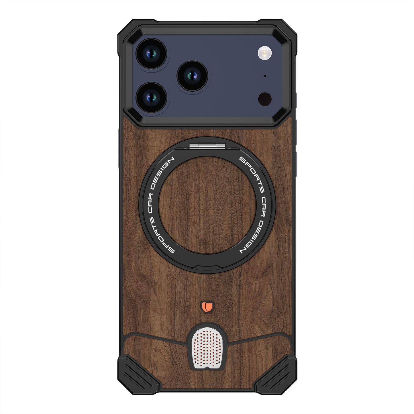Armor King Hypercar MagSafe Pivot Ring Stand Elastic Buckle Metal+Walnut Texture Back Case Cover