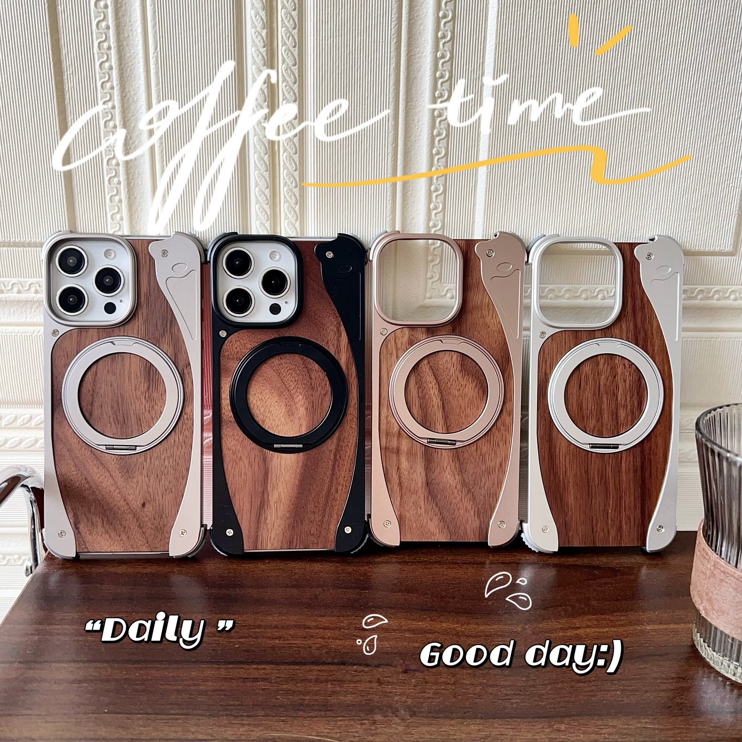 Armor King Stoat Bezel-less MagSafe Pivot Ring Stand Walnut Wood Metal Case Cover