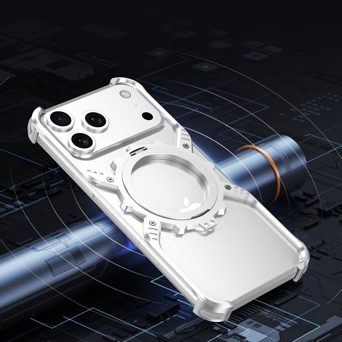 Armor King X Mechanical Gear MagSafe Pivot Ring Stand Air Cushion Luminous Metal Case Cover