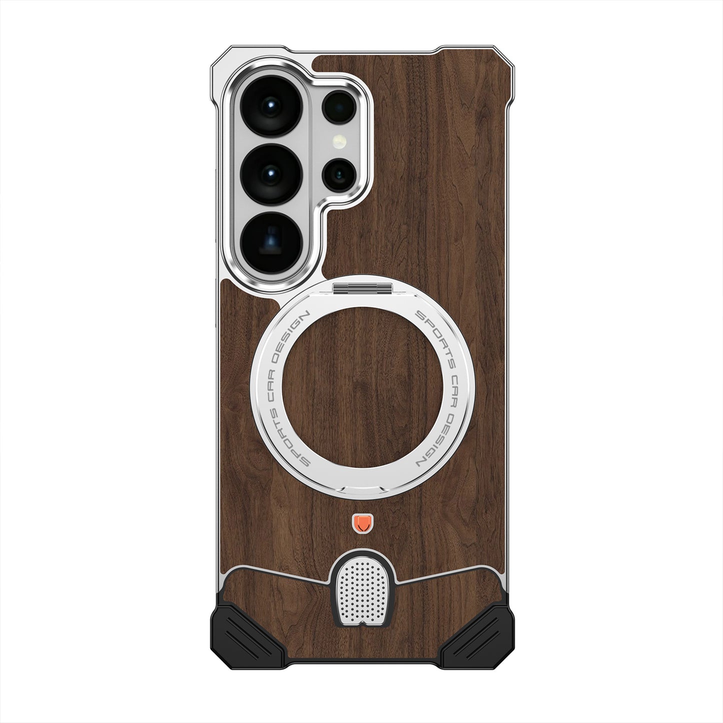 Armor King Hypercar MagSafe Pivot Ring Stand Elastic Buckle Metal+Walnut Texture Back Case Cover