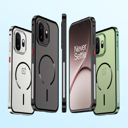 Armor King MagSafe Elastic Buckle Heat Dissipation Metal Bumper Frosted Acrylic Back Case Cover