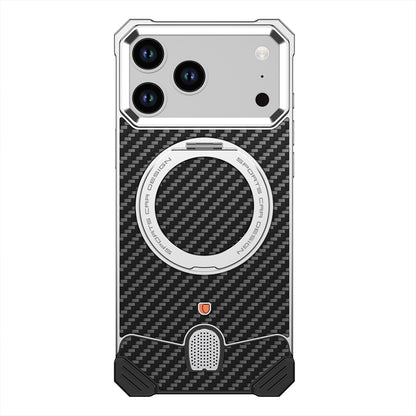 Armor King Hypercar MagSafe Pivot Ring Stand Elastic Buckle Metal+Carbon Fiber Texture Back Case Cover