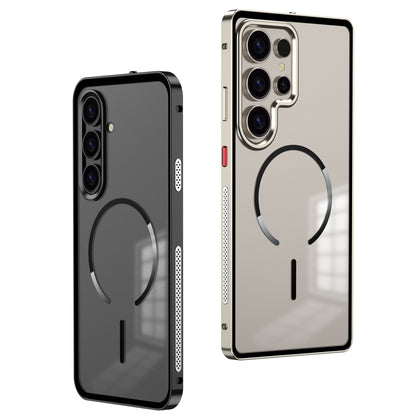 Armor King MagSafe Elastic Buckle Heat Dissipation Metal Bumper Frosted Acrylic Back Case Cover