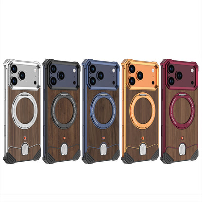 Armor King Hypercar MagSafe Pivot Ring Stand Elastic Buckle Metal+Walnut Texture Back Case Cover