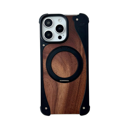 Armor King Stoat Bezel-less MagSafe Pivot Ring Stand Walnut Wood Metal Case Cover