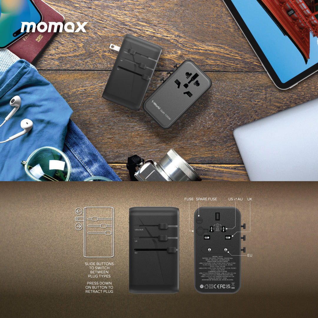MOMAX 1-World PD 100W GaN 4-Port + AC Charger Universal Travel Adapter