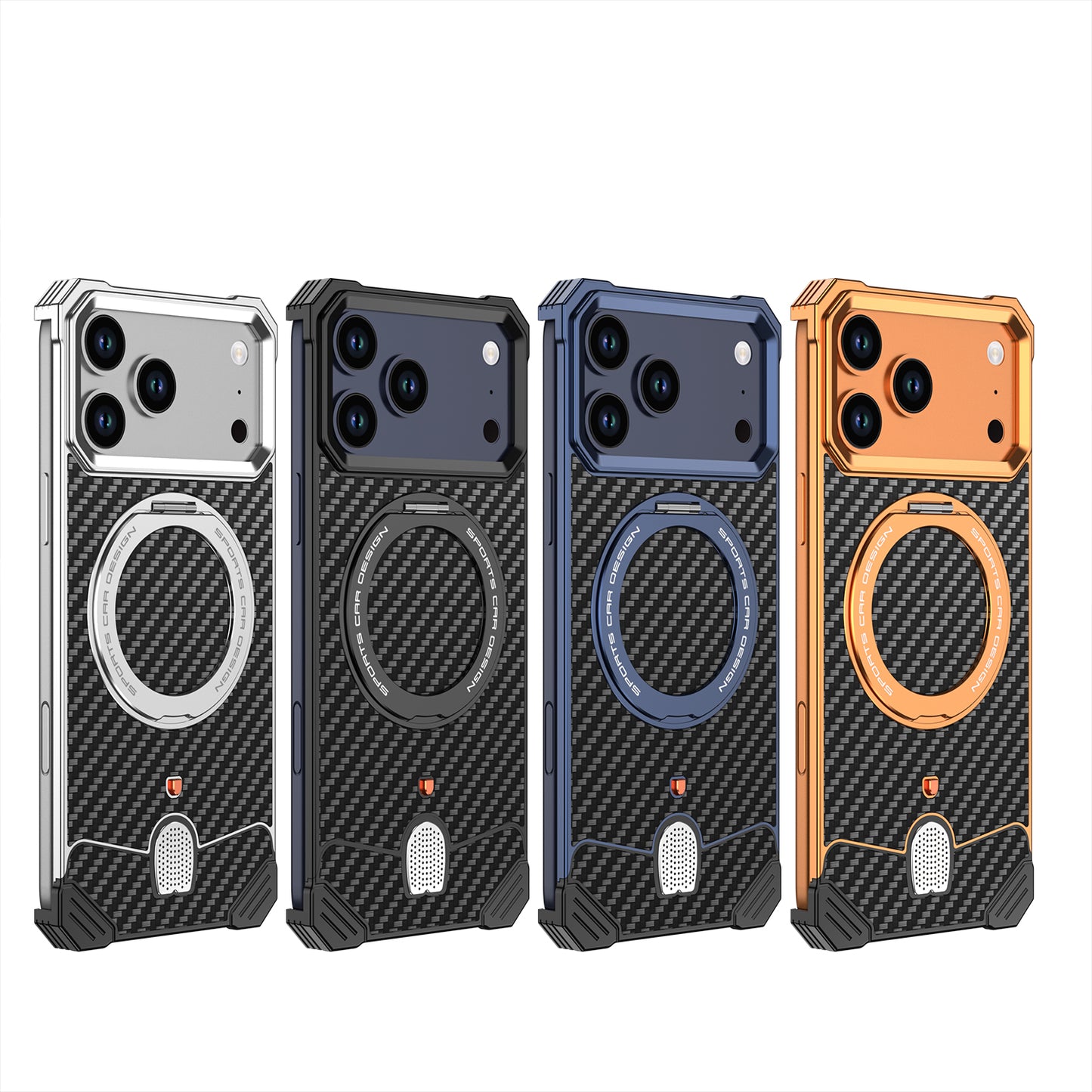 Armor King Hypercar MagSafe Pivot Ring Stand Elastic Buckle Metal+Carbon Fiber Texture Back Case Cover