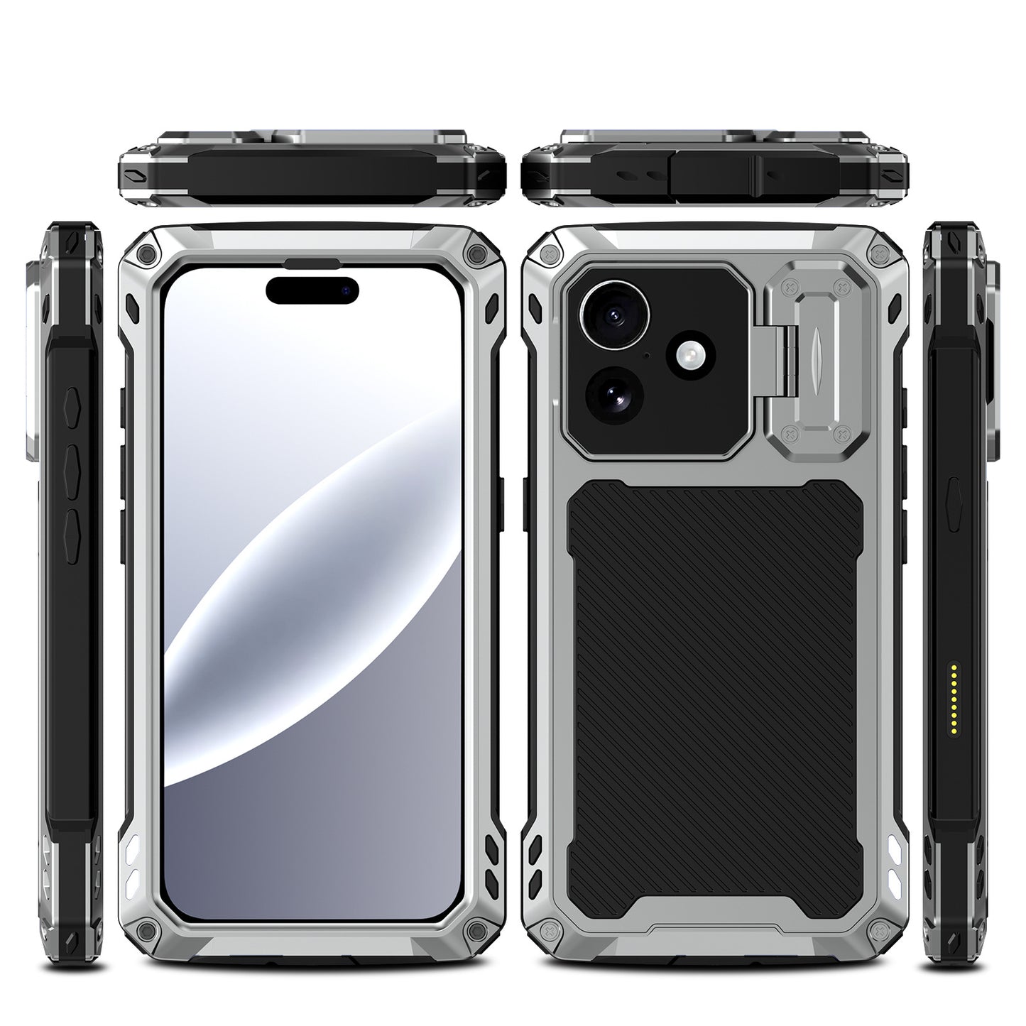 Armor King Silver Shield MagSafe Lens Protector Kickstand Military Heavy Duty Metal Case