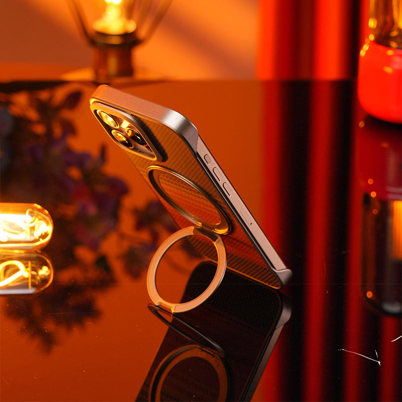 Armor King Bezel-less Aramid Fiber MagSafe Pivot Ring Stand PC Back Case Cover