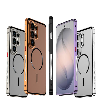 Armor King MagSafe Elastic Buckle Heat Dissipation Metal Bumper Frosted Acrylic Back Case Cover